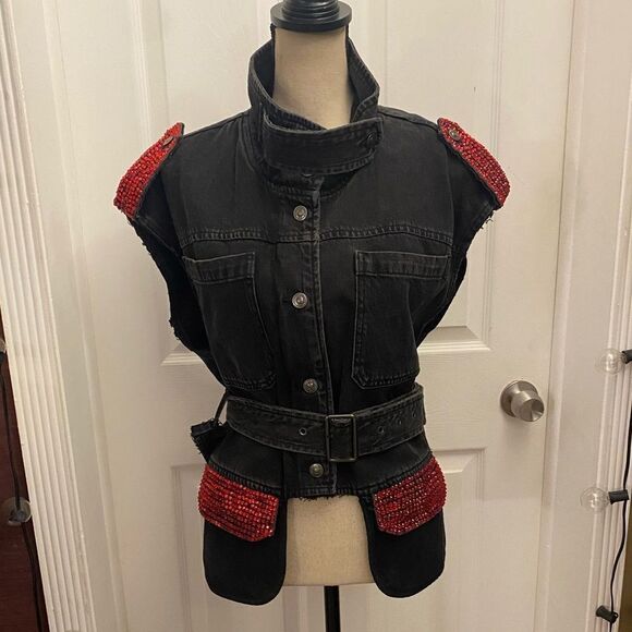 Zara black denim red crystal embellished vest, M - Picture 1 of 9